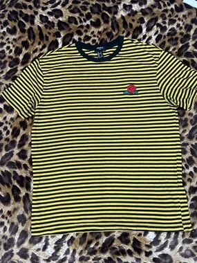 Forever 21 Yellow & Black Striped Tee with Red Rose Patch